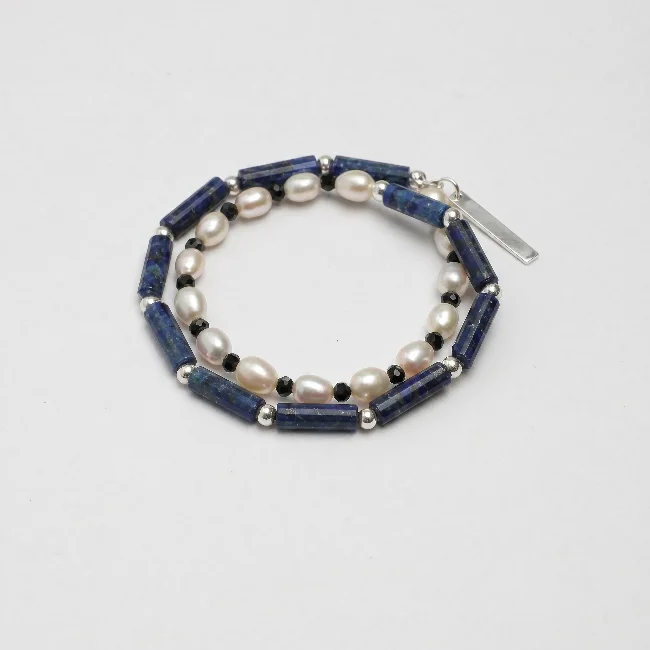 052_PS2508027_ORIGINAL_UNCOMPRESSED Double-Strand Lapis Lazuli, Tourmaline & Pearl Bracelet