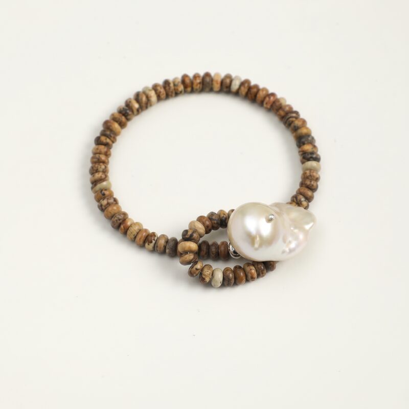 Wood-Grain Stone & Pearl Bracelet