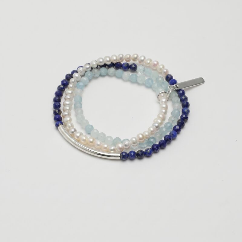 Triple-Strand Lapis Lazuli, Aquamarine & Pearl Bracelet