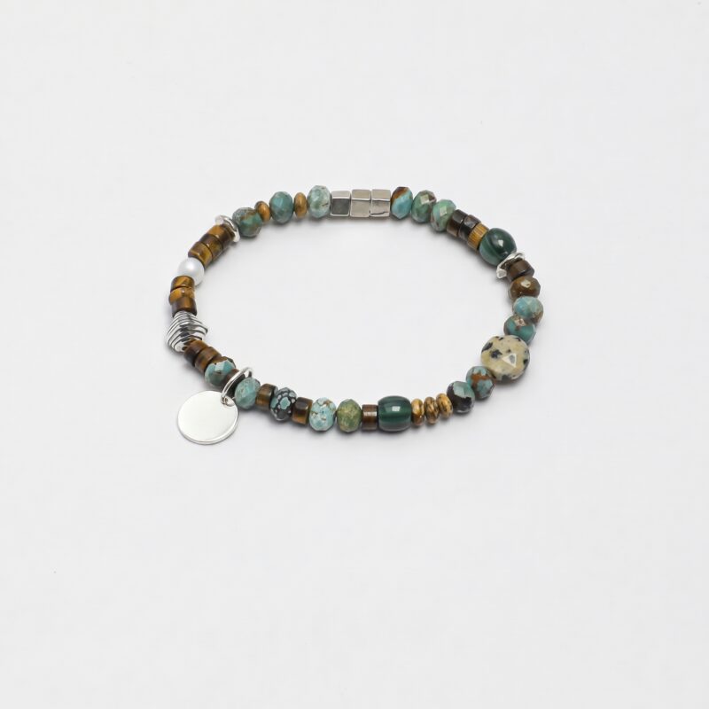 Malachite, Tiger’s Eye, Wood-Grain Stone & Pearl Bracelet