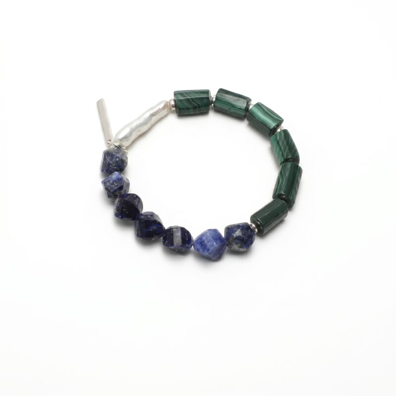 Malachite, Blue-Veined Stone & Cultured Pearl Bracelet photographed on a pale background