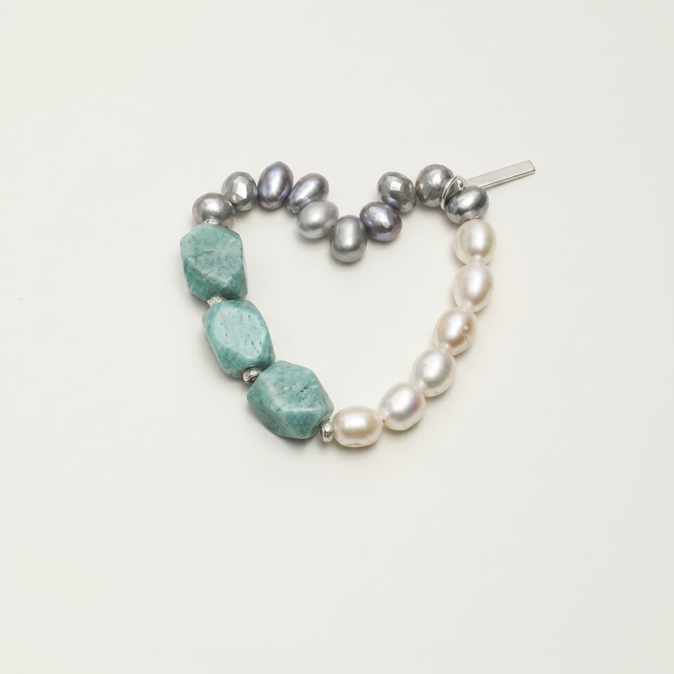 Amazonite & Cultured Pearl Bracelet photographed on a pale background