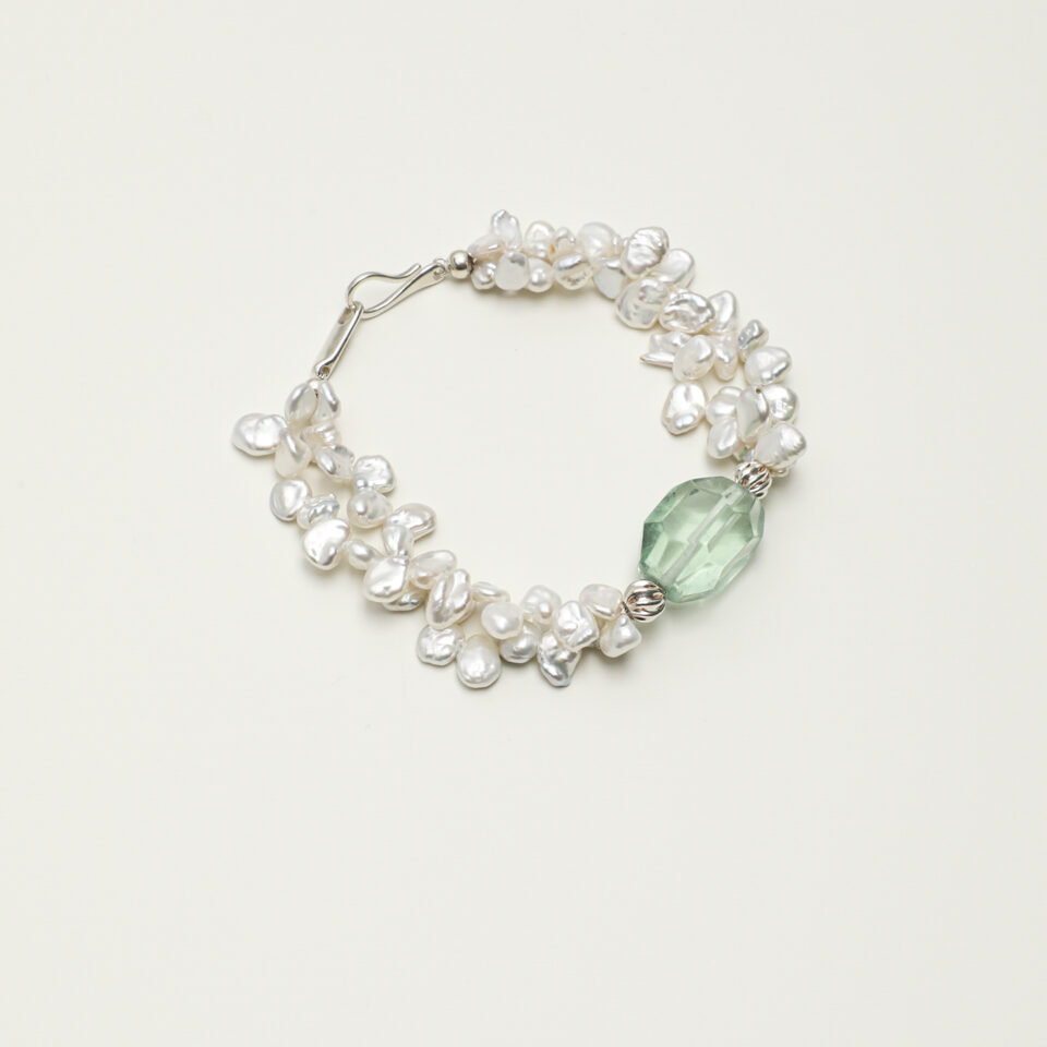 Fluorite & Cultured Pearl Bracelet photographed on a pale background