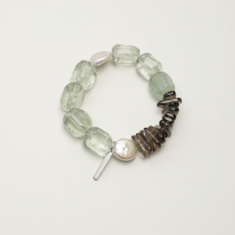 Smoky Quartz, Green Crystal & Cultured Pearl Bracelet photographed on a pale background