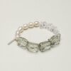 Clear Quartz, Green Crystal & Cultured Pearl Bracelet photographed on a pale background