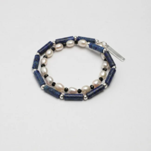 Double-Strand Lapis Lazuli, Tourmaline & Cultured Pearl Bracelet photographed on a pale background