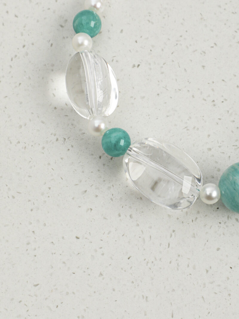 Aura & Qi detail 1J7A0993 Original detail view of Clear Quartz, Amazonite & Cultured Pearl Bracelet