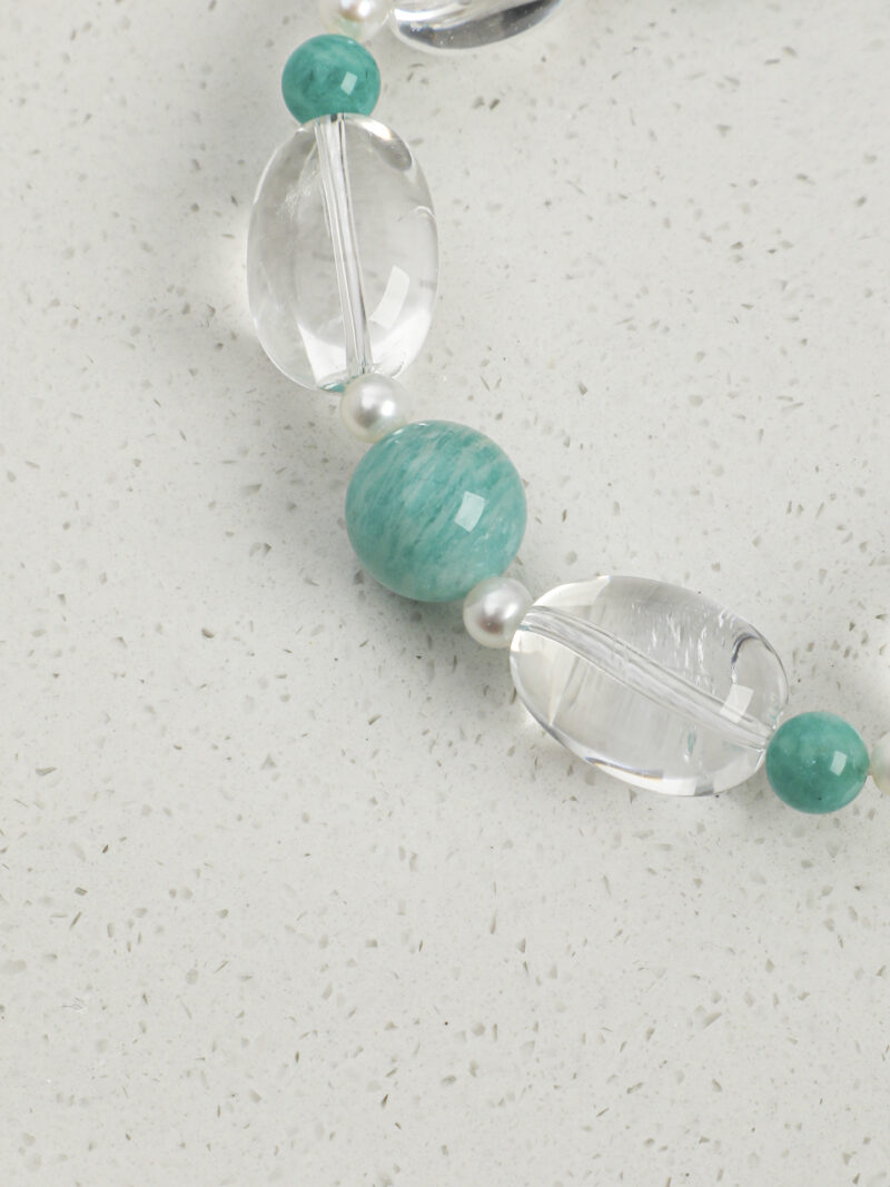 Aura & Qi detail 1J7A0995 Original detail view of Clear Quartz, Amazonite & Cultured Pearl Bracelet