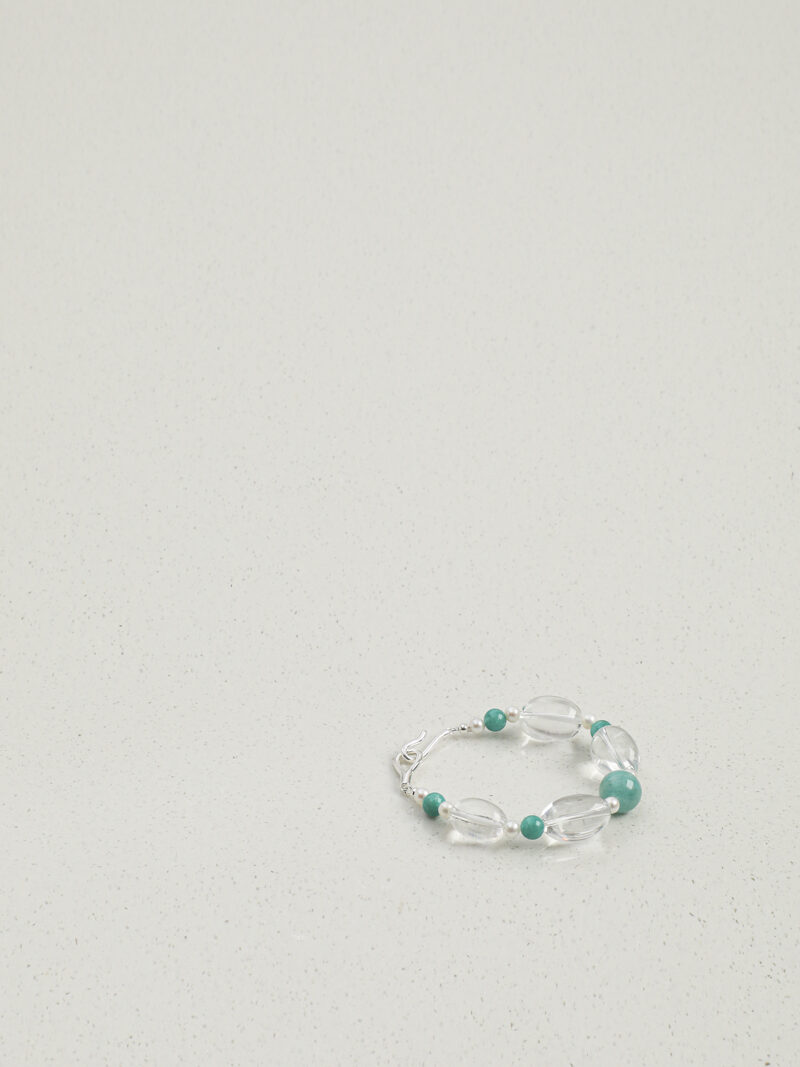 Aura & Qi detail 1J7A0996 Original detail view of Clear Quartz, Amazonite & Cultured Pearl Bracelet