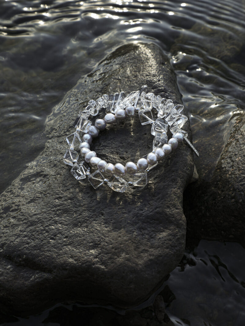 Aura & Qi detail 1J7A1366 Original detail view of Clear Quartz & Cultured Pearl Bracelet