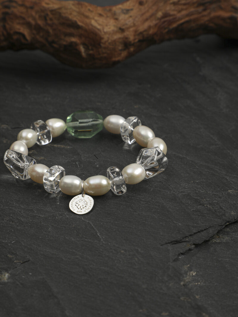 Original detail view of Clear Quartz, Fluorite & Cultured Pearl Bracelet