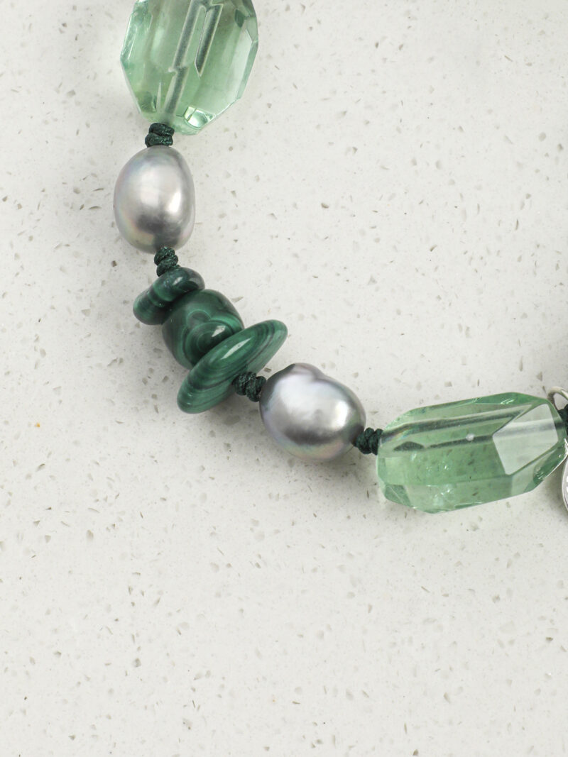 Aura & Qi detail 1J7A2316 Original detail view of Malachite, Fluorite & Cultured Pearl Bracelet