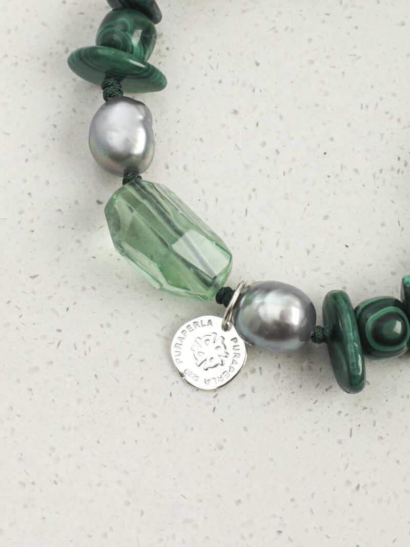 Aura & Qi detail 1J7A2319 Original detail view of Malachite, Fluorite & Cultured Pearl Bracelet