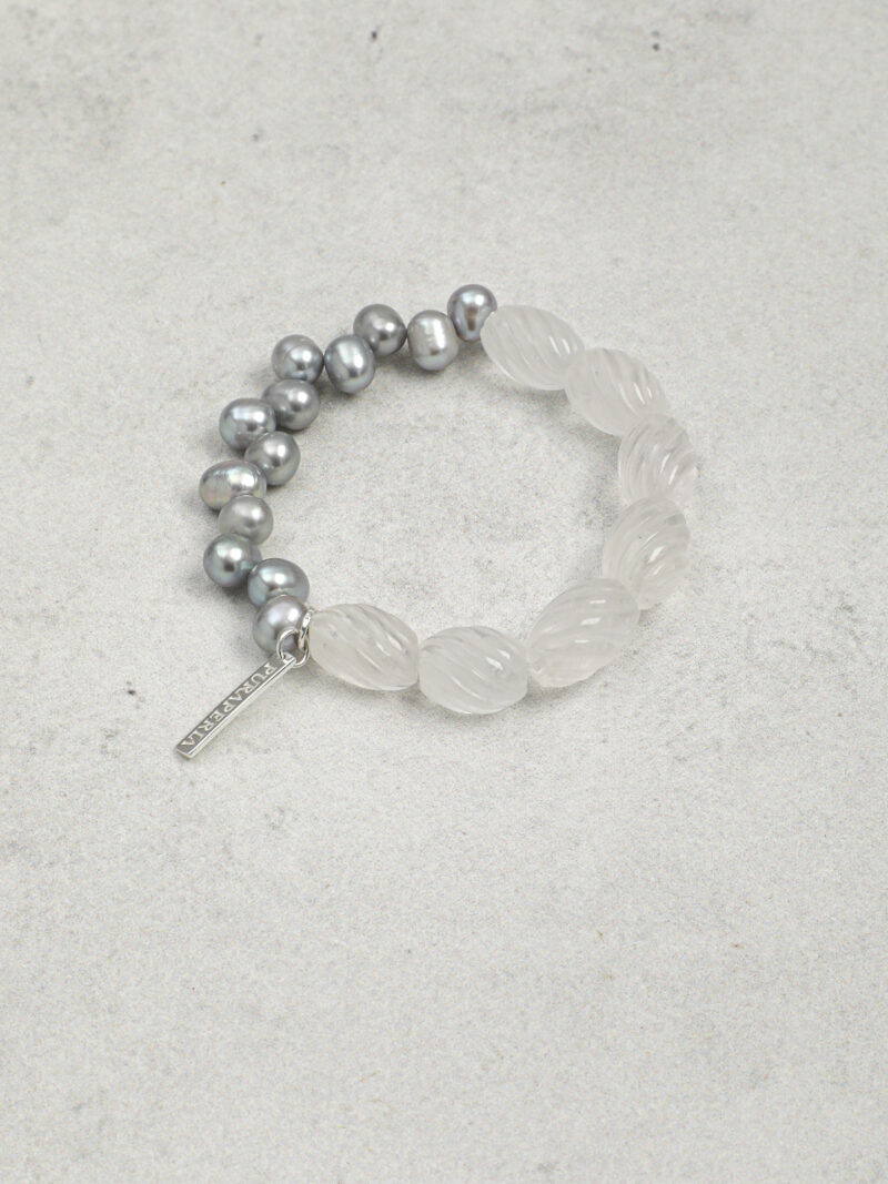 Aura & Qi detail 1J7A2346 Original detail view of Clear Quartz & Cultured Pearl Bracelet