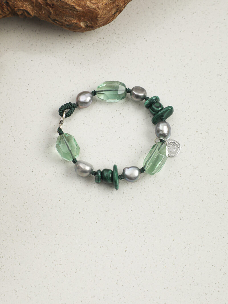Aura & Qi detail 1J7A2386 Original detail view of Malachite, Fluorite & Cultured Pearl Bracelet