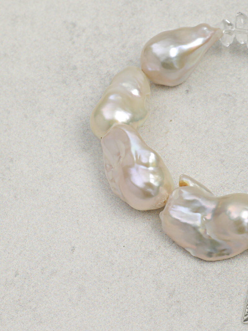 Aura & Qi detail 1J7A2424 Original detail view of Clear Quartz & Cultured Pearl Bracelet