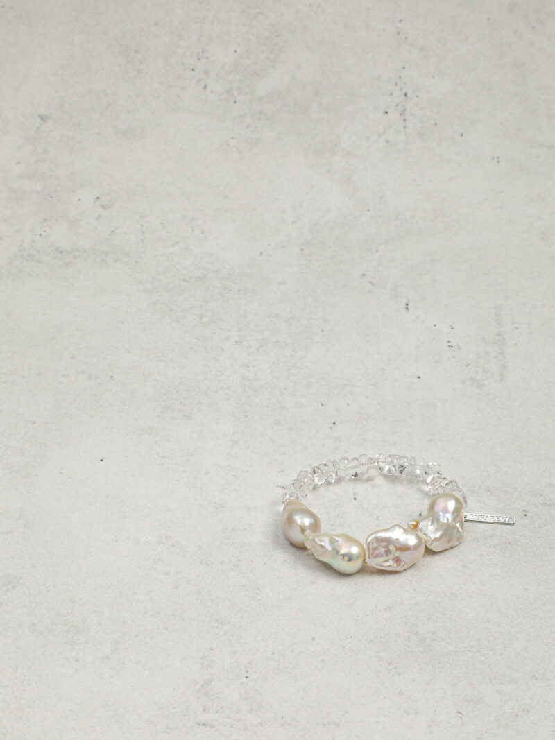 Aura & Qi detail 1J7A2428 Original detail view of Clear Quartz & Cultured Pearl Bracelet