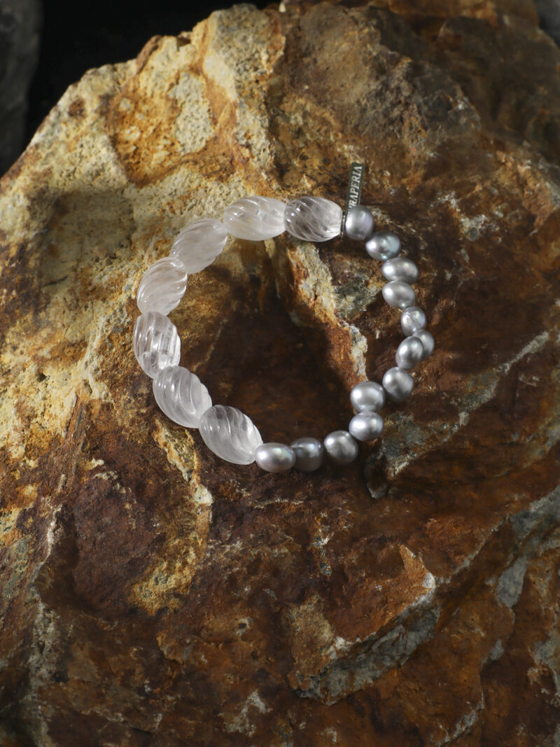Aura & Qi detail 1J7A2493 Original detail view of Clear Quartz & Cultured Pearl Bracelet