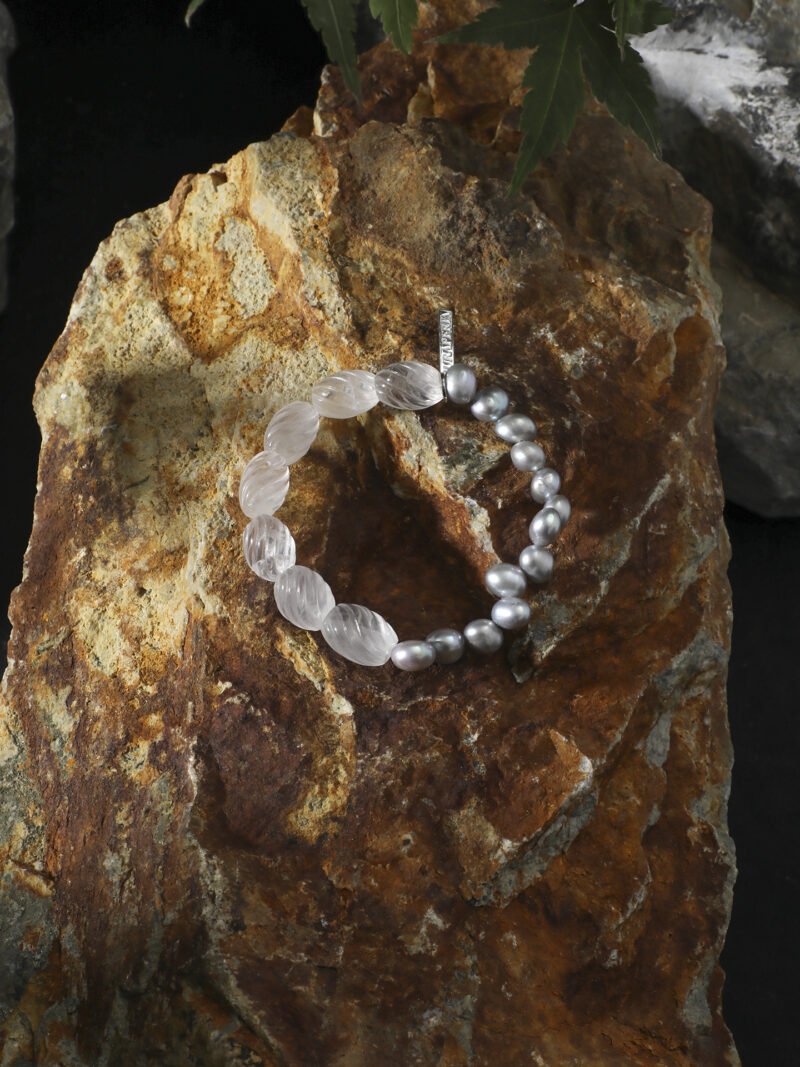 Aura & Qi detail 1J7A2498 Original detail view of Clear Quartz & Cultured Pearl Bracelet