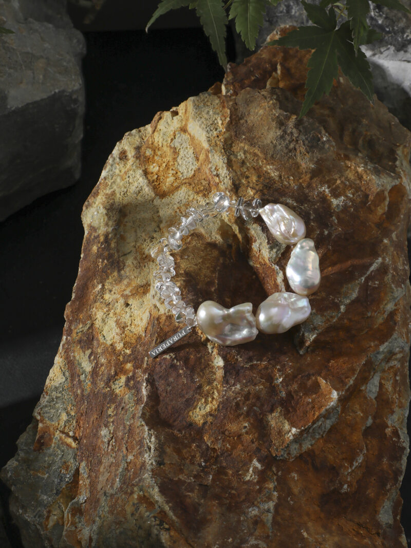 Aura & Qi detail 1J7A2500 Original detail view of Clear Quartz & Cultured Pearl Bracelet