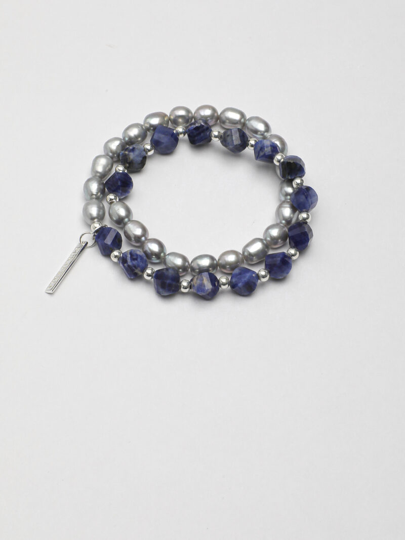 Original detail view of Double-Strand Blue-Veined Stone & Cultured Pearl Bracelet