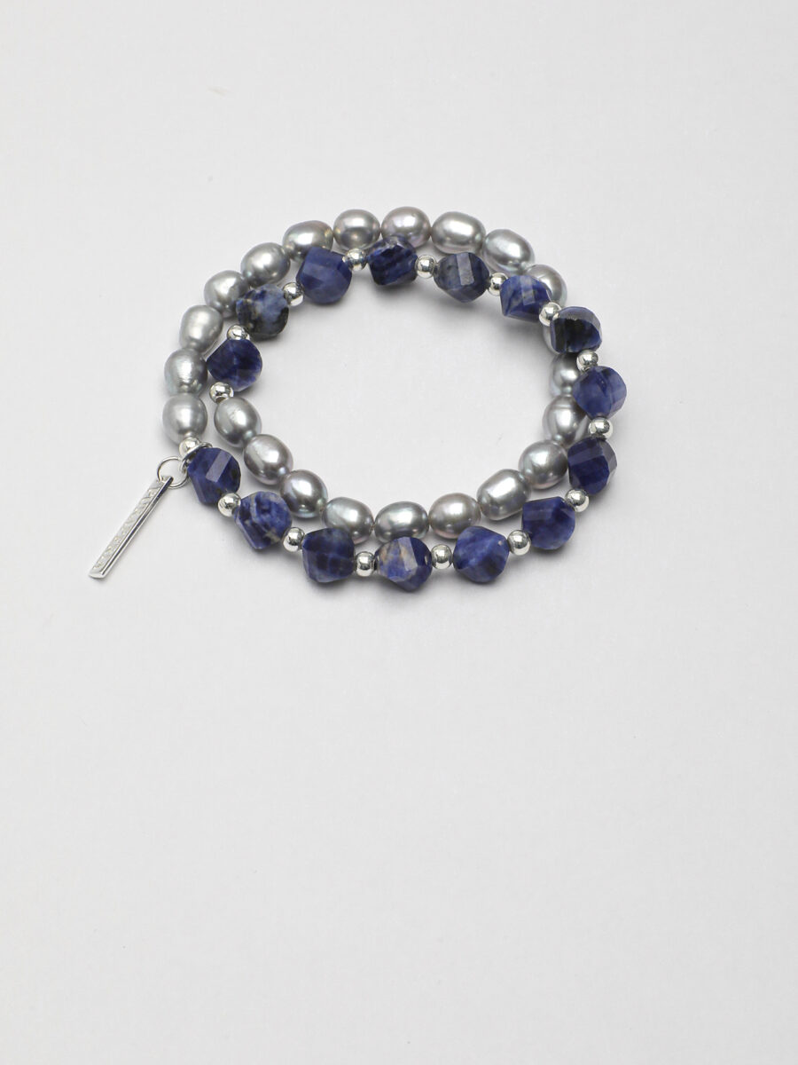 Original detail view of Double-Strand Blue-Veined Stone & Pearl Bracelet