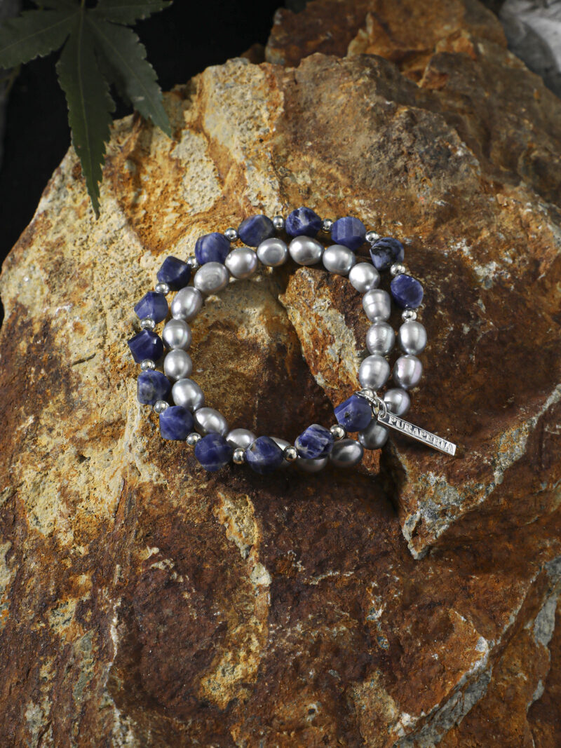 Original detail view of Double-Strand Blue-Veined Stone & Cultured Pearl Bracelet