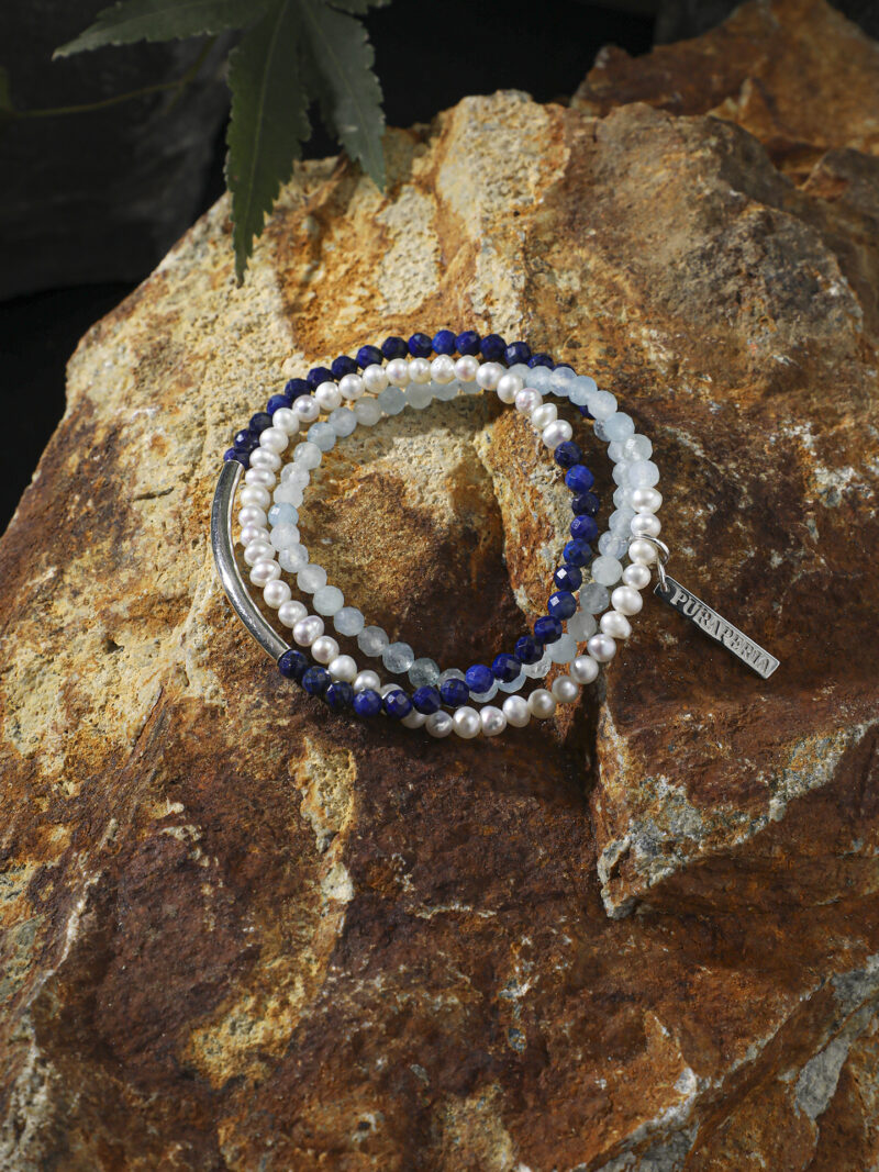 Original detail view of Triple-Strand Lapis Lazuli, Aquamarine & Cultured Pearl Bracelet
