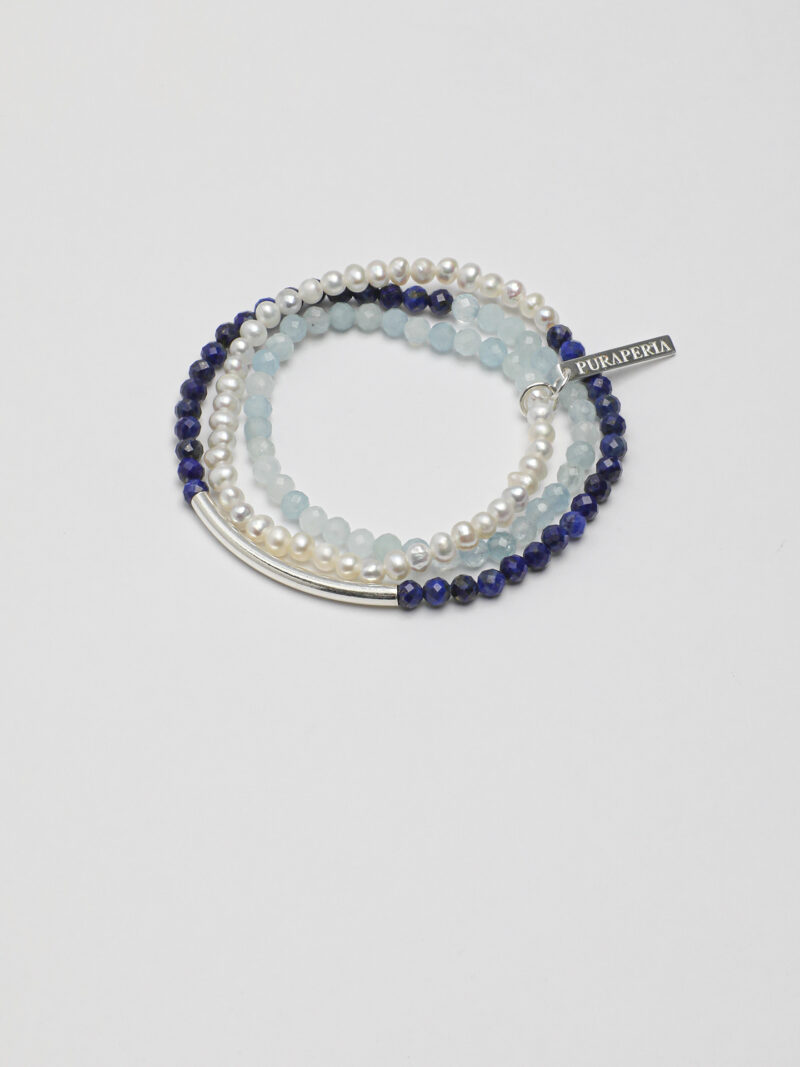 Original detail view of Triple-Strand Lapis Lazuli, Aquamarine & Cultured Pearl Bracelet