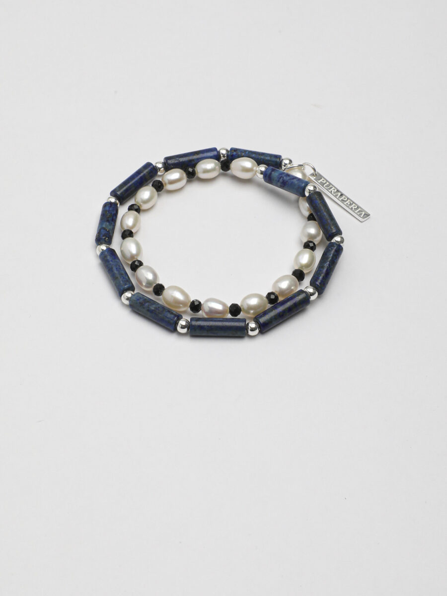 Original detail view of Double-Strand Lapis Lazuli, Tourmaline & Pearl Bracelet