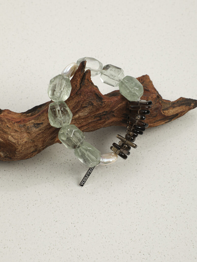 Original detail view of Smoky Quartz, Green Crystal & Cultured Pearl Bracelet