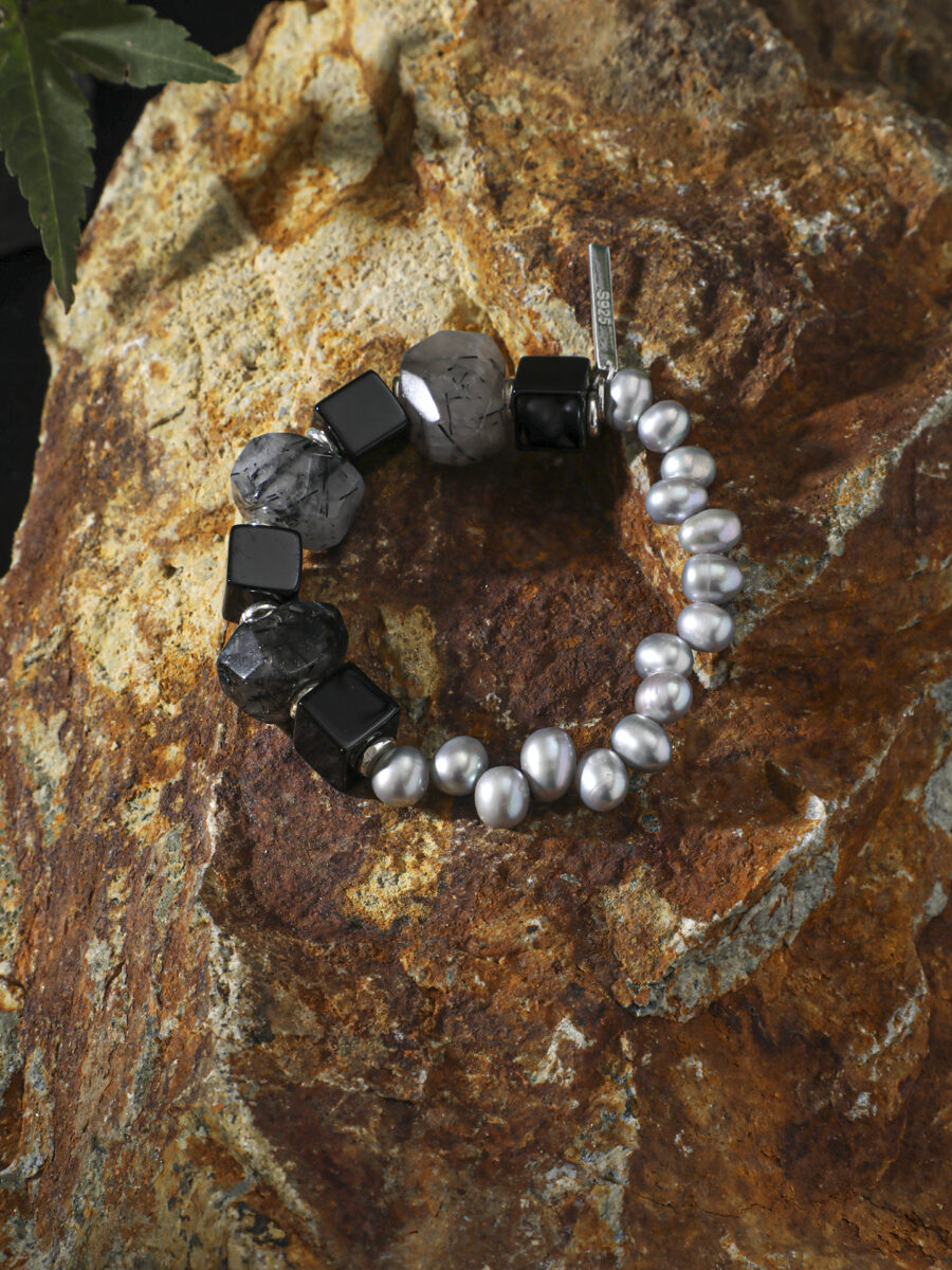 Original detail view of Agate, Rutilated Quartz & Pearl Bracelet