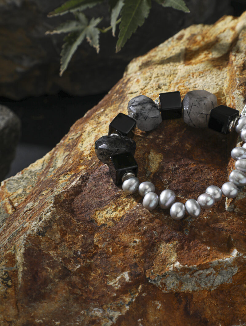 Original detail view of Agate, Rutilated Quartz & Cultured Pearl Bracelet