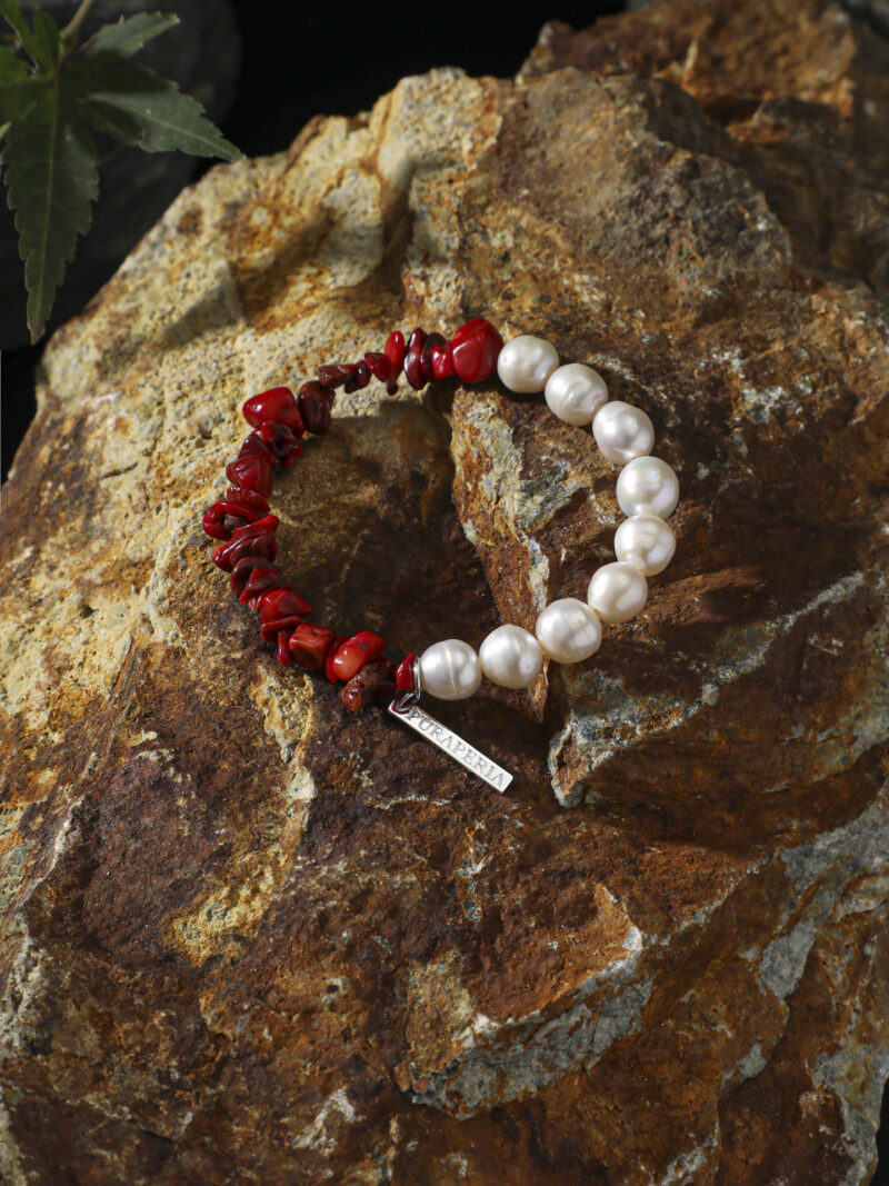 Original detail view of Red Coral & Cultured Pearl Bracelet
