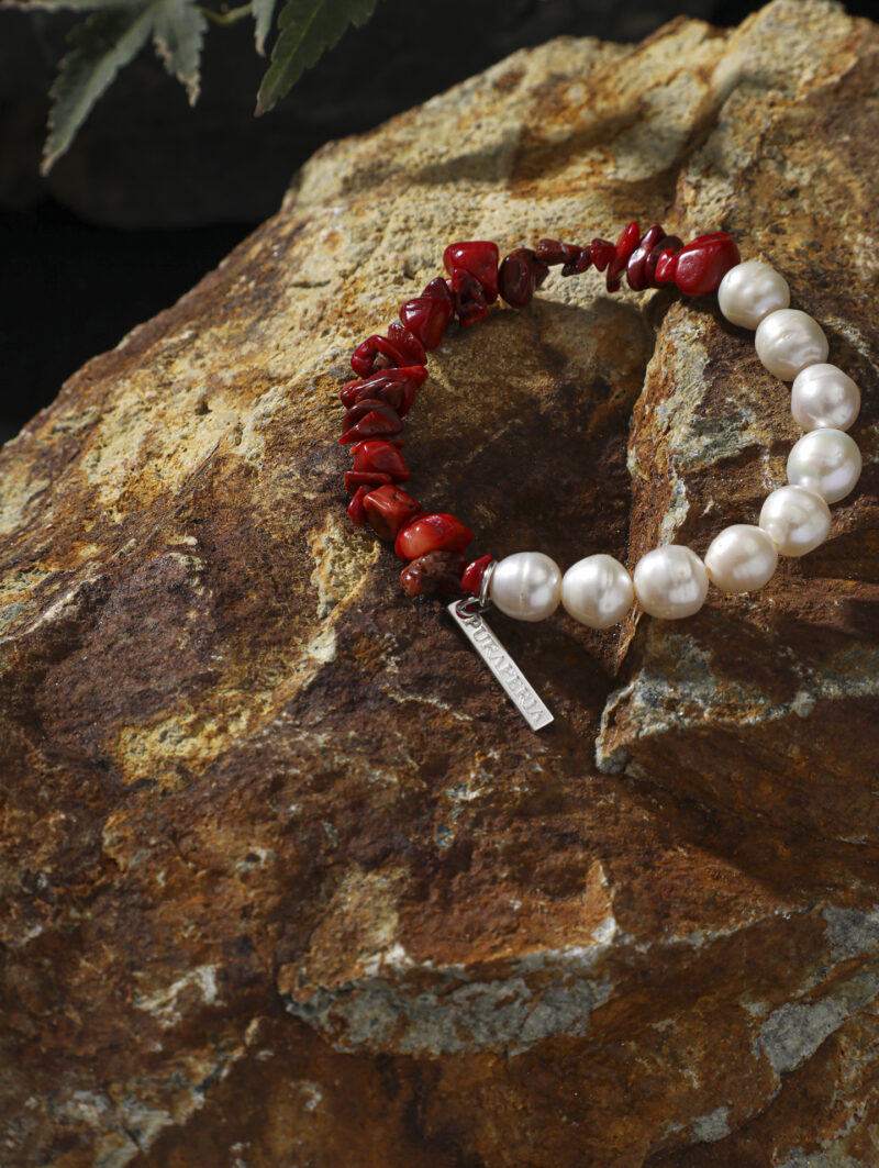 Original detail view of Red Coral & Cultured Pearl Bracelet