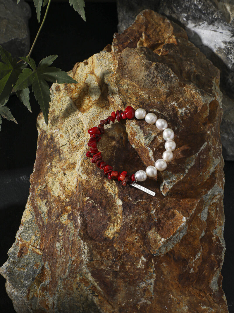 Original detail view of Red Coral & Cultured Pearl Bracelet