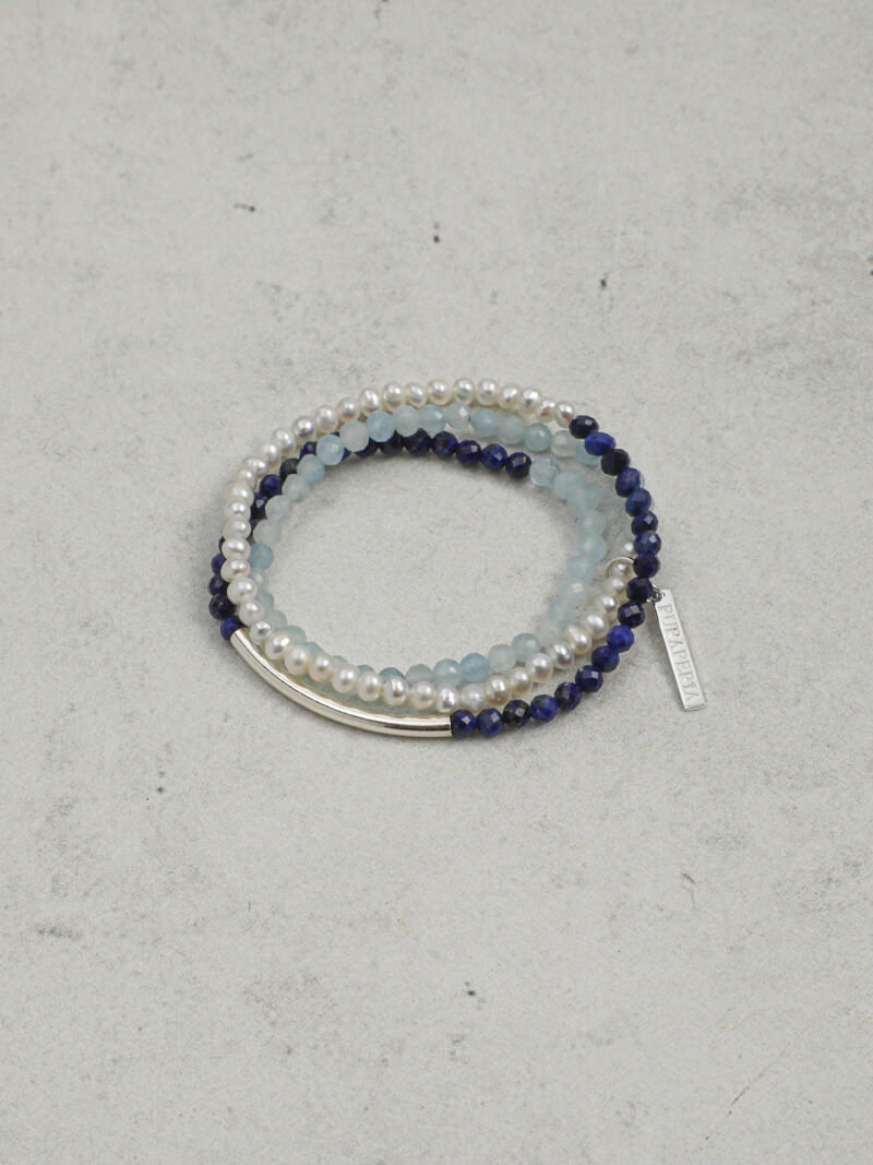 Original detail view of Triple-Strand Lapis Lazuli, Aquamarine & Cultured Pearl Bracelet