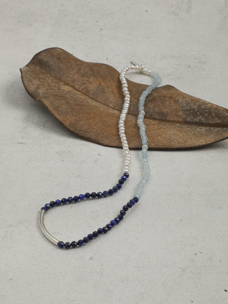 Original detail view of Triple-Strand Lapis Lazuli, Aquamarine & Cultured Pearl Bracelet