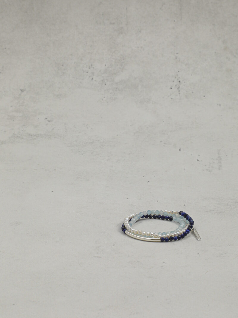 Original detail view of Triple-Strand Lapis Lazuli, Aquamarine & Cultured Pearl Bracelet