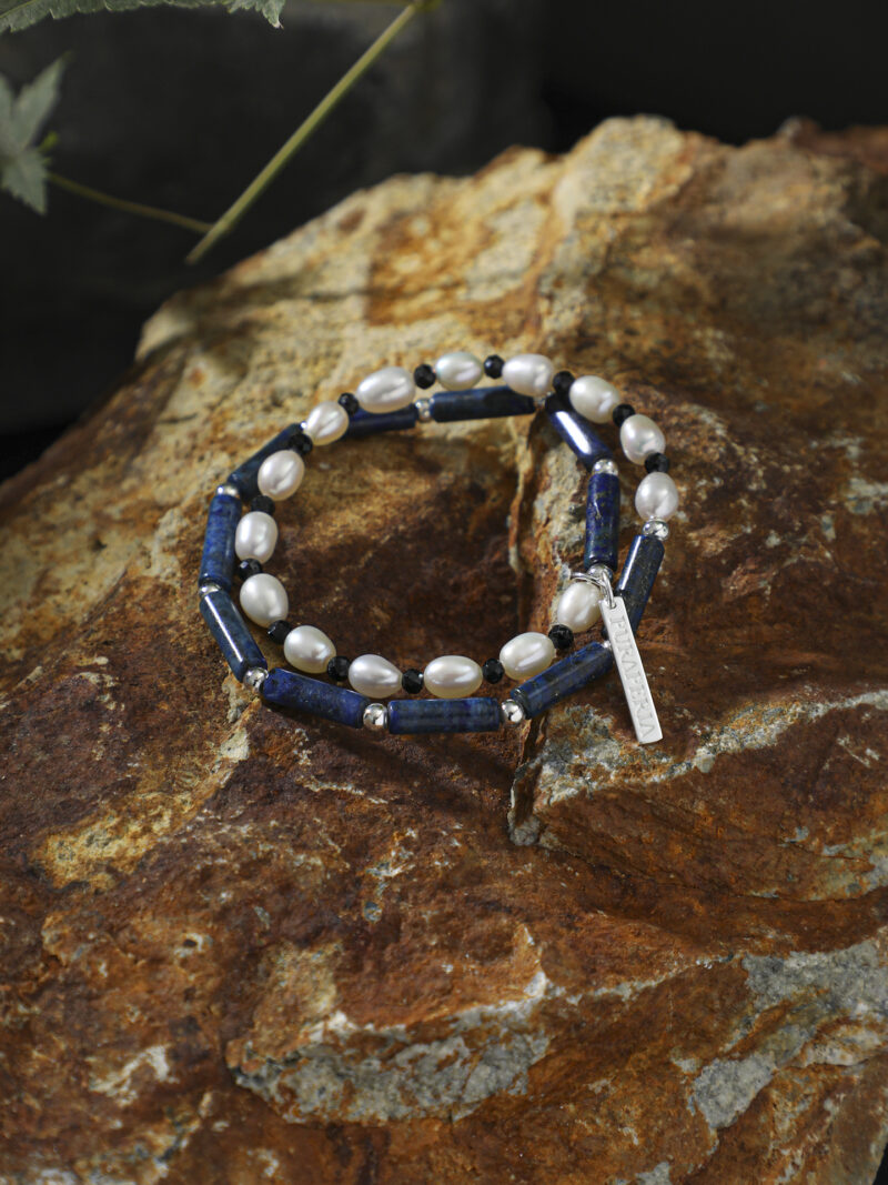 Original detail view of Double-Strand Lapis Lazuli, Tourmaline & Cultured Pearl Bracelet