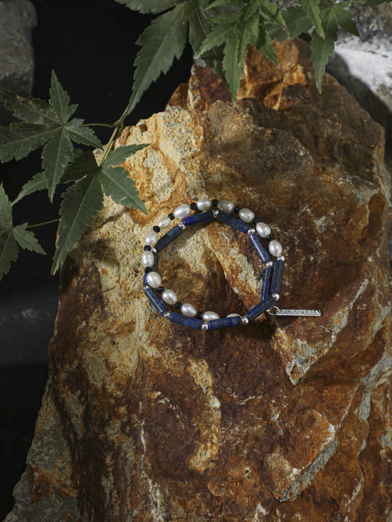 Original detail view of Double-Strand Lapis Lazuli, Tourmaline & Cultured Pearl Bracelet