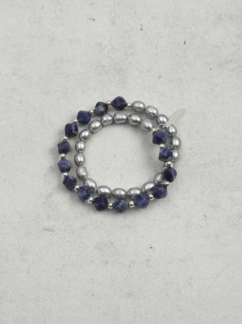 Original detail view of Double-Strand Blue-Veined Stone & Cultured Pearl Bracelet