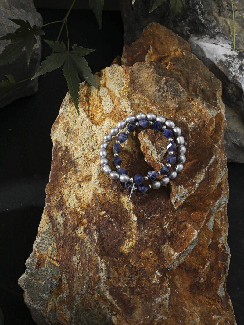 Original detail view of Double-Strand Blue-Veined Stone & Cultured Pearl Bracelet
