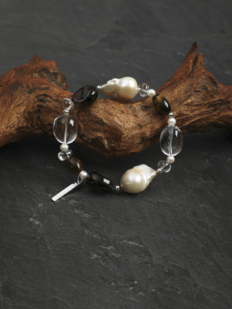 Original detail view of Clear Quartz, Smoky Quartz, Tiger’s Eye & Cultured Pearl Bracelet