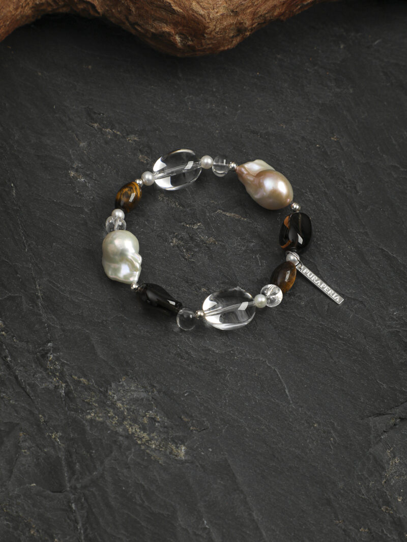 Original detail view of Clear Quartz, Smoky Quartz, Tiger’s Eye & Cultured Pearl Bracelet
