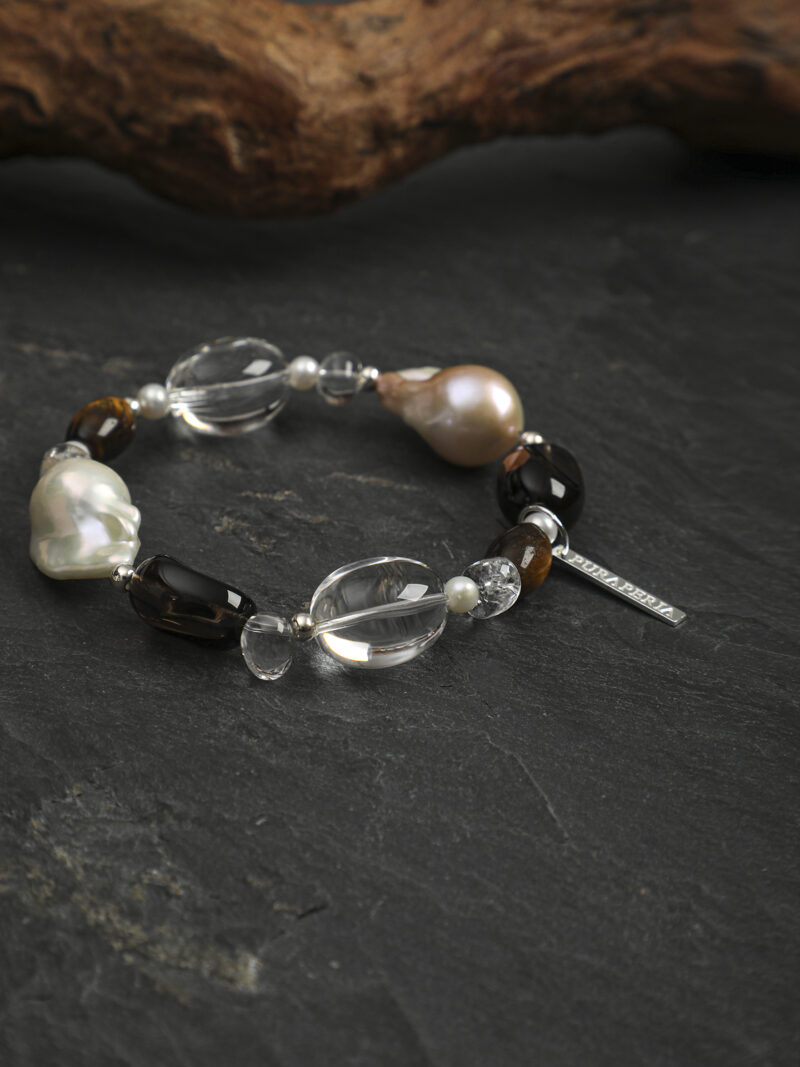 Original detail view of Clear Quartz, Smoky Quartz, Tiger’s Eye & Cultured Pearl Bracelet