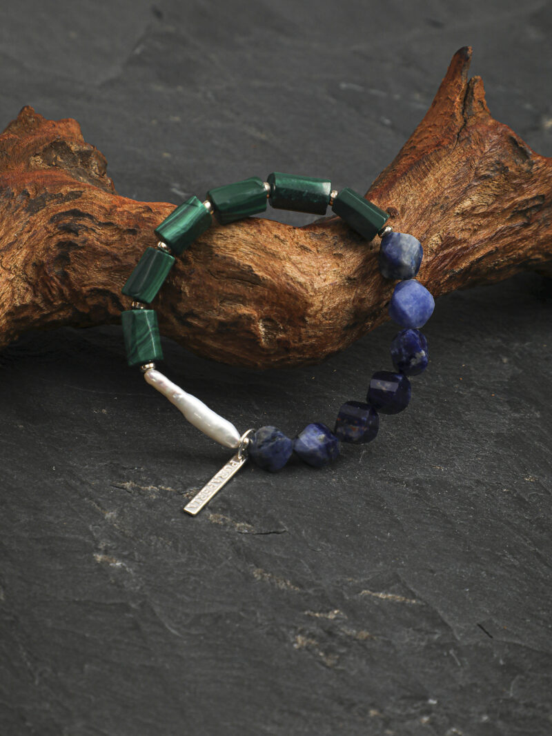 Original detail view of Malachite, Blue-Veined Stone & Cultured Pearl Bracelet