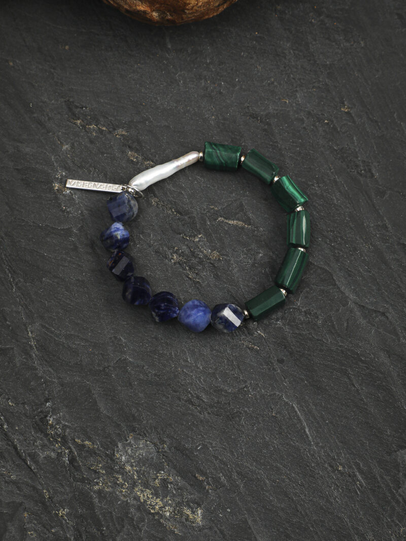 Original detail view of Malachite, Blue-Veined Stone & Cultured Pearl Bracelet