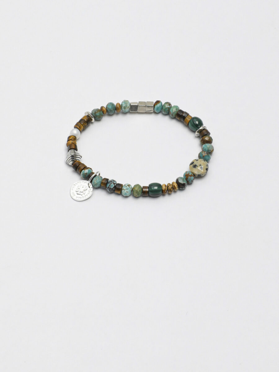 Original detail view of Malachite, Tiger’s Eye, Wood-Grain Stone & Pearl Bracelet
