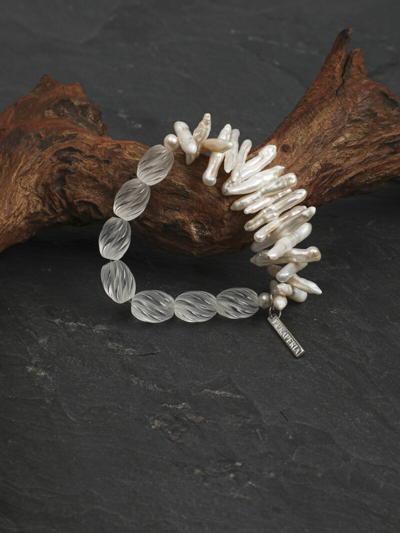Aura & Qi detail 1J7A4142 Original detail view of Clear Crystal & Cultured Pearl Bracelet